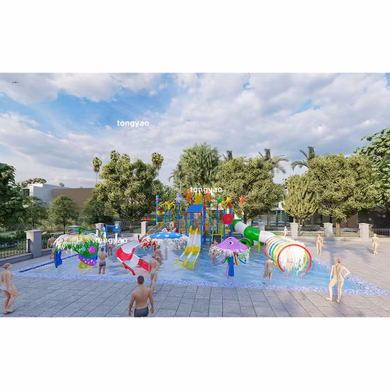 Parco acquatico dei cartoni animati per bambini, parco giochi con scivoli all'aperto